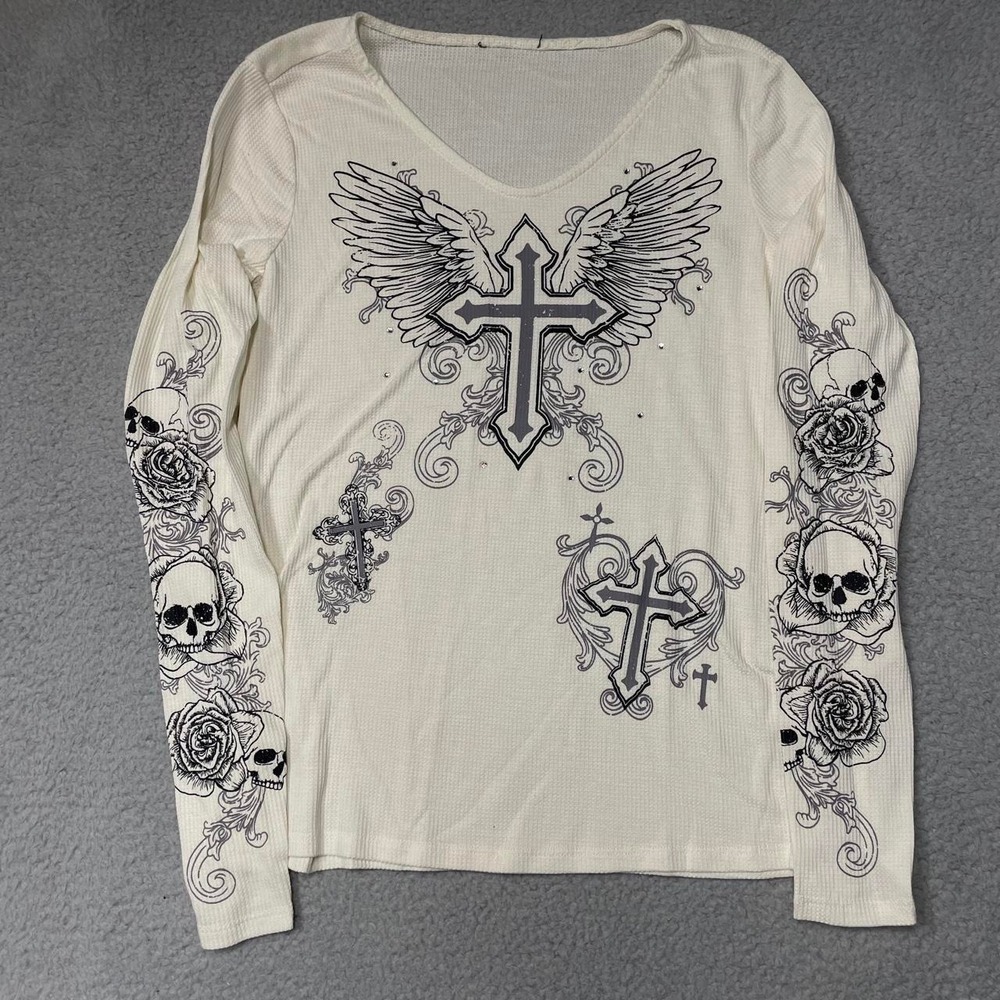 Social Collision Thermal Shirt Womens Large White Y2K Goth Skull Cross Rose